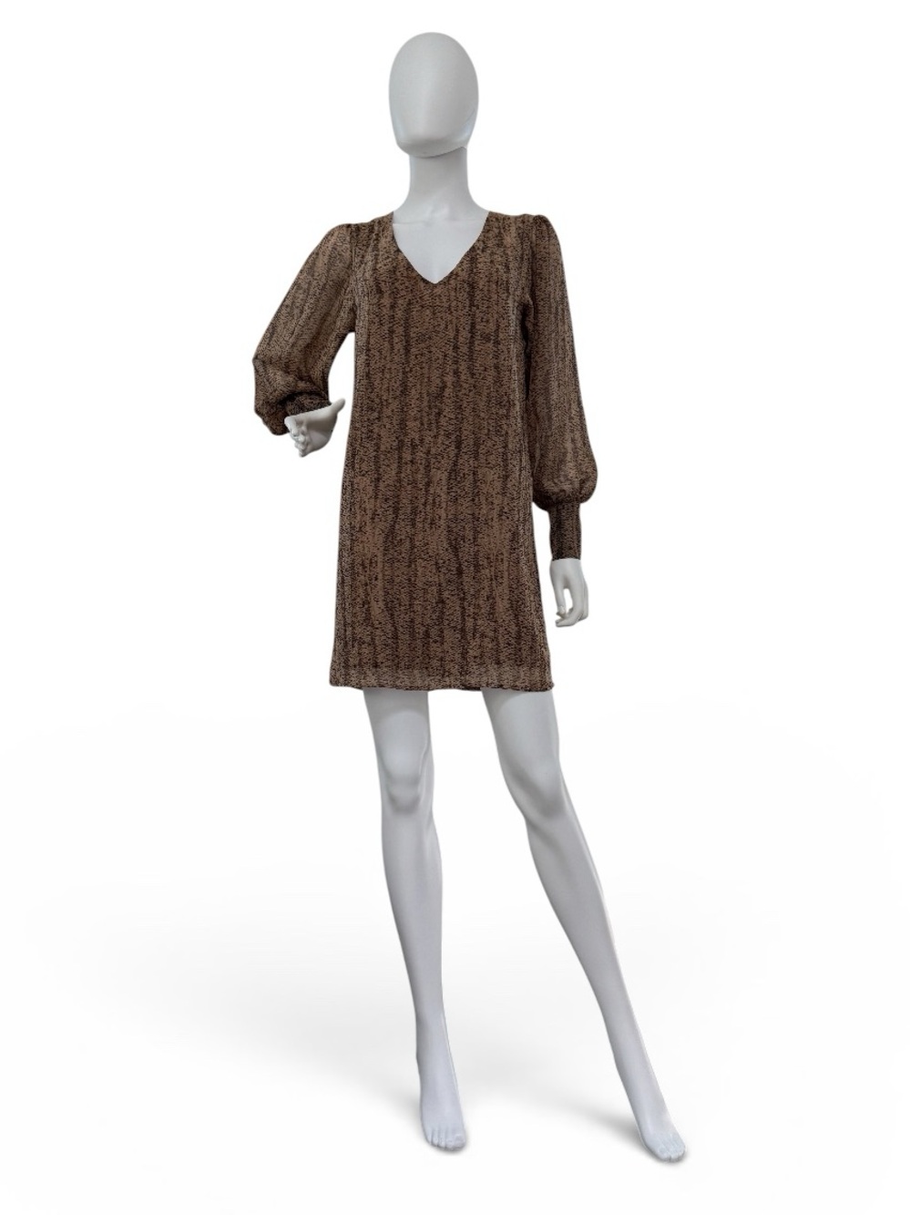 Rory Beca Brown V-Neck Balloon Sleeve Mini Silk Dress